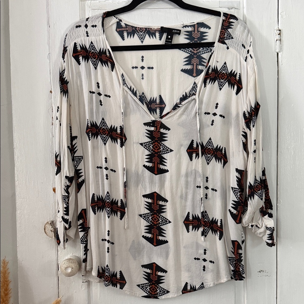 Aqua White Tribal V-Neck Tunic with Black & Rust Accents